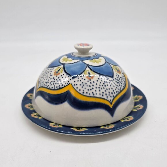 Hand-Painted Ceramic Domed Butter Dish With Lid - Floral Pattern - Blue/White/Ye - Picture 5 of 11